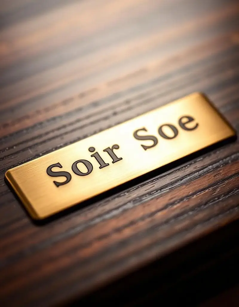 A polished brass nameplate on dark wood.